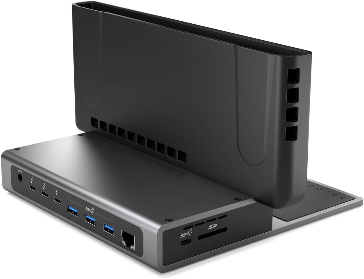 Brydge ProDock Duo TB4 - Estación de acoplamiento para MacBook, monitor dual 4K 60Hz | Base vertical Thunderbolt 4 para MacBook Pro 14/16 y Air 13/15 (M1-M5), 12 puertos, 96W, MagSafe | Funda Air de