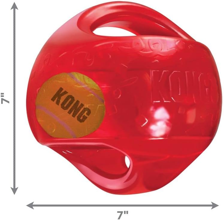 KONG Jumbler Ball - Juguete interactivo para perros y cachorros, juguete de búsqueda con pelota de tenis, suministros para perros para juegos atractivos, para perros grandes/XL, color proporcionado al