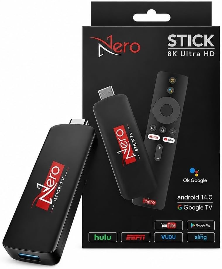 Dispositivo de transmisión Nero Stick TV 4K/8K HDR, alimentado por Android 14 y Google TV, Bluetooth 5.4, HDMI y USB, compatible con Wi-Fi 6E, TV gratuita y en vivo sin cable ni satélite