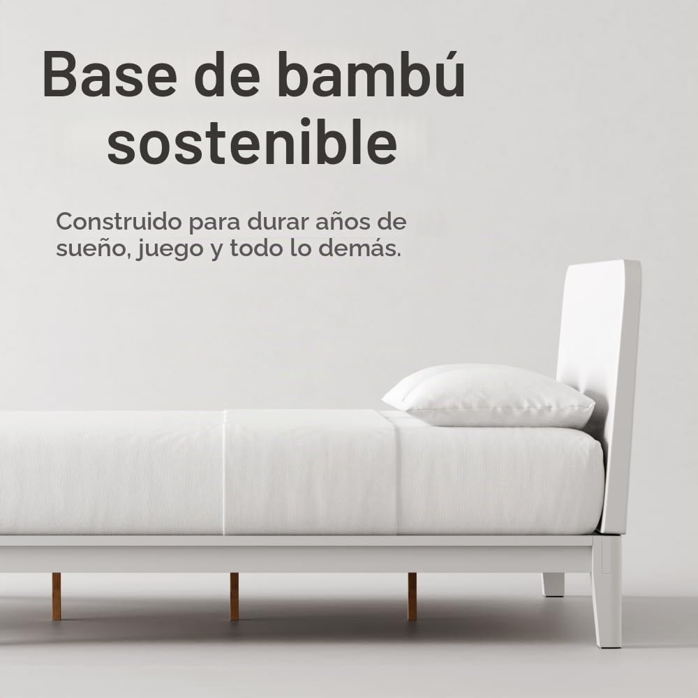 Nectar Base de cama y cabecera de bambú para niños, tamaño individual, color blanco, 12 pulgadas de altura, fácil de instalar sin herramientas, duradera y apta para niños, listones de madera