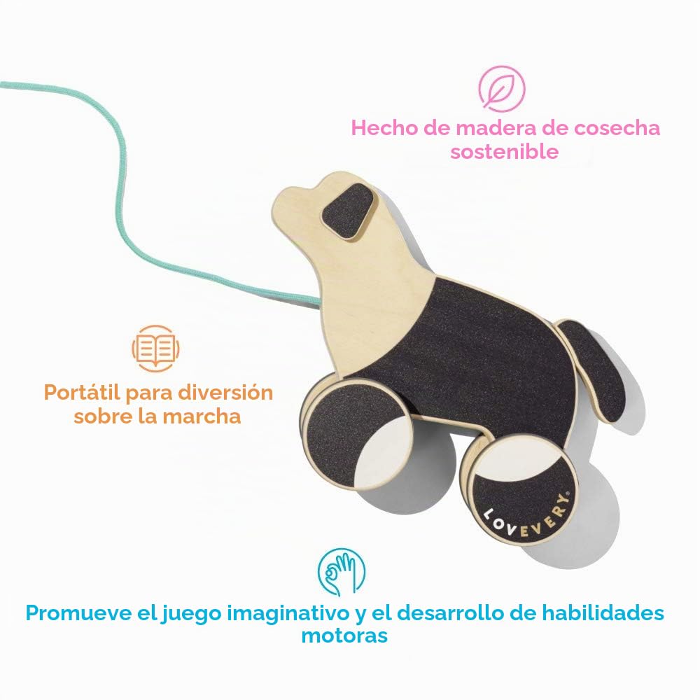 LOVEVERY |The Pull Pup | Juguete de madera para empujar y jalar, madera negro/blanco/natural, juguete sostenible para niños pequeños, a partir de 18 meses