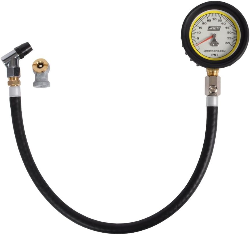 Joes Racing Products, manómetro para neumáticos Pro Tire, brilla en la oscuridad, 0-60 psi, analógico, 6.35 cm de diámetro, cara blanca, incrementos de 0.45 kg, cada uno, NEGRO, 32317