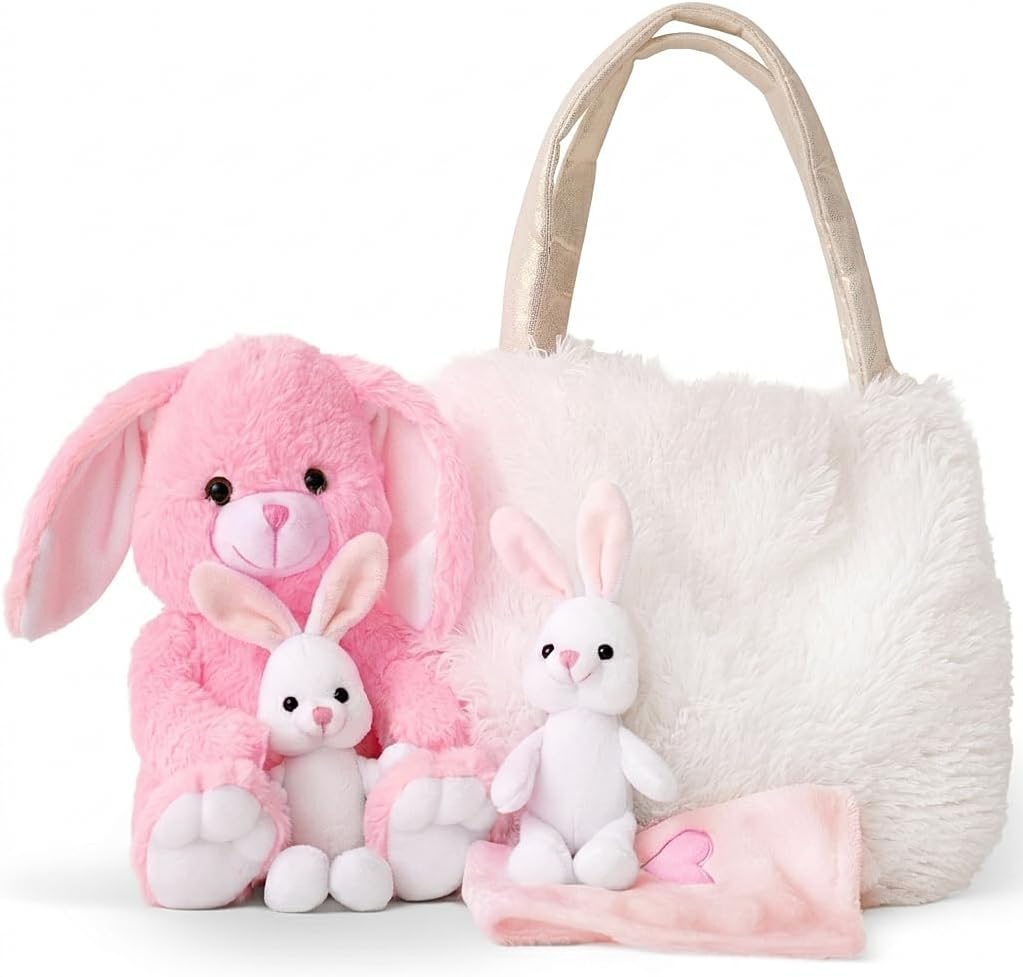 Perfectto Design Regalos de Pascua para niños, juguete de conejo de peluche, 5 piezas, conejo de peluche para mamá, 2 conejitos y bolsa peluda. Regalo de peluche suave de conejo de Pascua para niños