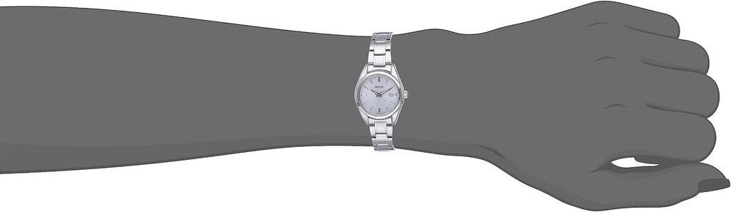 SEIKO SUR633 Reloj para mujer – Essentials – con caja de acero inoxidable y pulsera, esfera plateada de rayos solares, calendario de fecha y resistente al agua hasta 394.4 pies