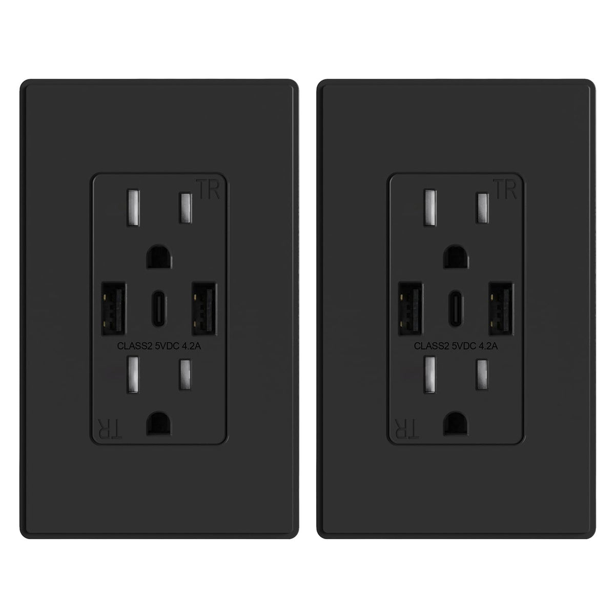 ELEGRP Tomacorrientes de pared USB, 3 puertos tipo C, tomacorrientes de pared negro mate de 15 amperios con 3 puertos, tomas TR resistentes a manipulaciones, placa de pared sin tornillos incluida, certificación UL y CUL, paquete de 2