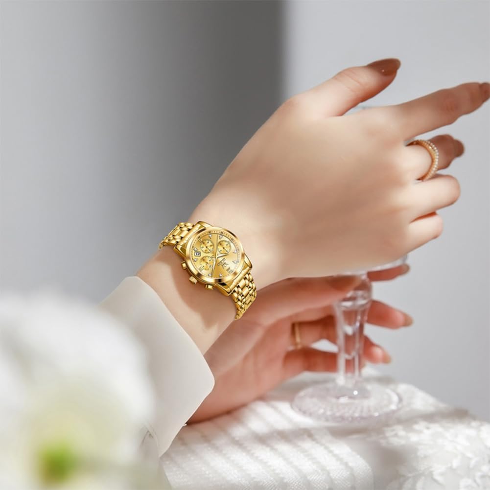 OLEVS Relojes para mujeres de negocios, con diamante, pulsera de acero inoxidable, fecha, impermeable, tono bicolor para mujer
