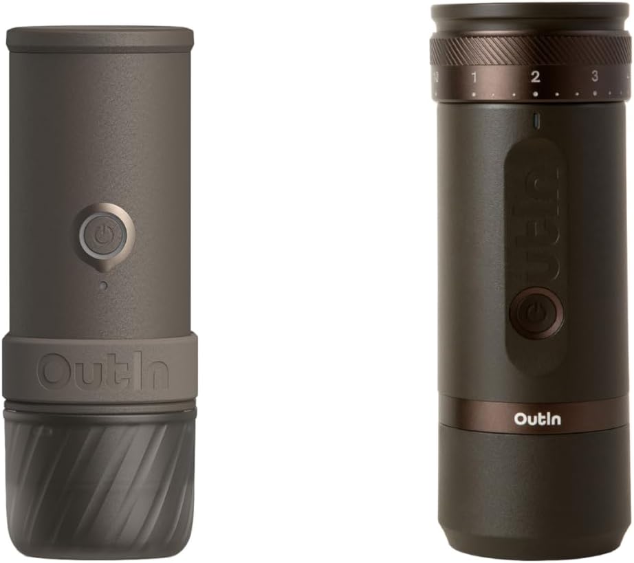 OutIn Mino con Fino, máquina de café eléctrico portátil con molinillo de café eléctrico portátil (café y marrón)