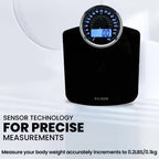 Balanza de pesaje digital y analógica 2 en 1 altamente avanzada para peso corporal - 400 libras, 4 sensores GX de alta precisión, vidrio templado grueso, pantalla extra grande (Negro)