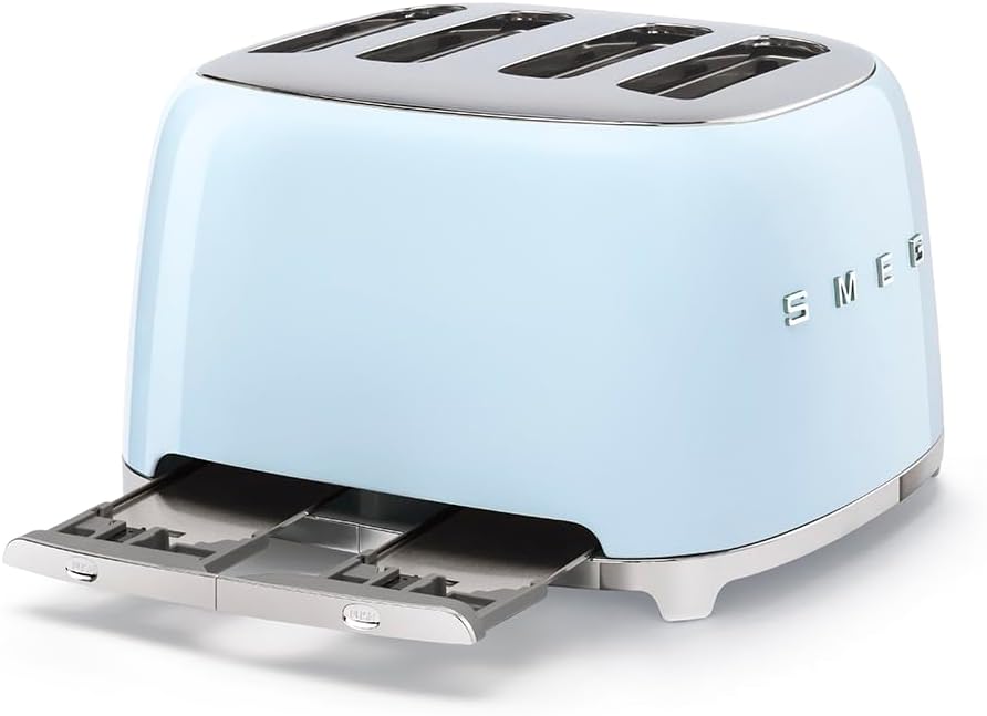 SMEG Tostadora TSF03 de 4 rebanadas, tostadora retro de acero inoxidable con ranuras anchas para bagels, 6 niveles de tostado, funciones de bagel de recalentamiento de descongelación, controles duales