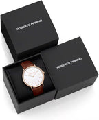 Roberto Marino RM1423 Reloj de lujo para hombre – Cuarzo japonés, correa de cuero, esfera blanca, 3 ATM resistente al agua
