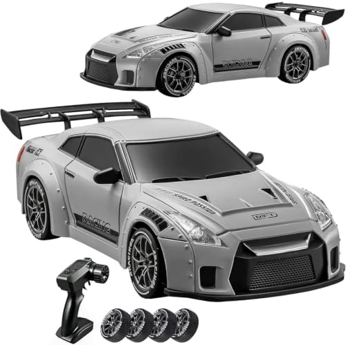 Auto de deriva a control remoto a escala 1:24 con luces LED, neumáticos de deriva y dos baterías, juguete deportivo de carreras, regalo ideal para adultos, niños, niñas y niños (azul lago)