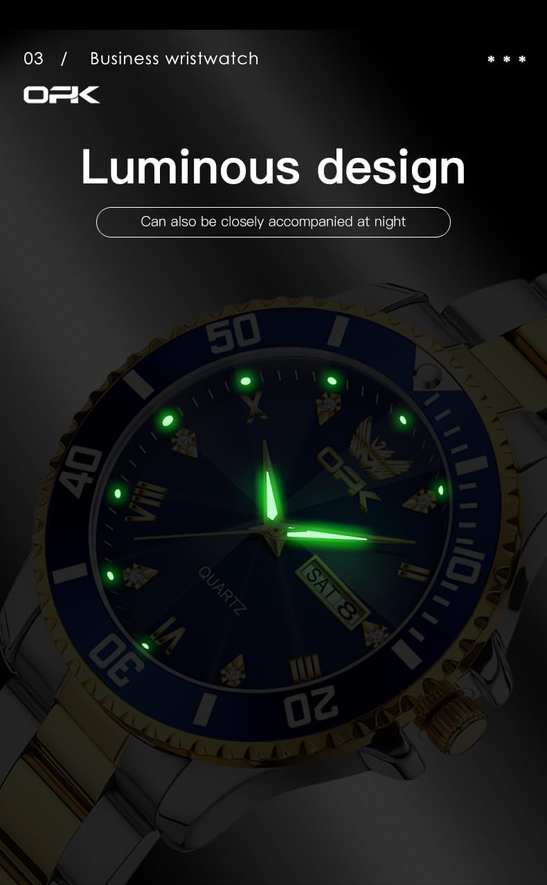 OPK Relojes para hombres de diamantes romanos analógicos relojes impermeables grandes de acero inoxidable para hombre, reloj de pulsera de negocios para padre, reloj de regalo, azul