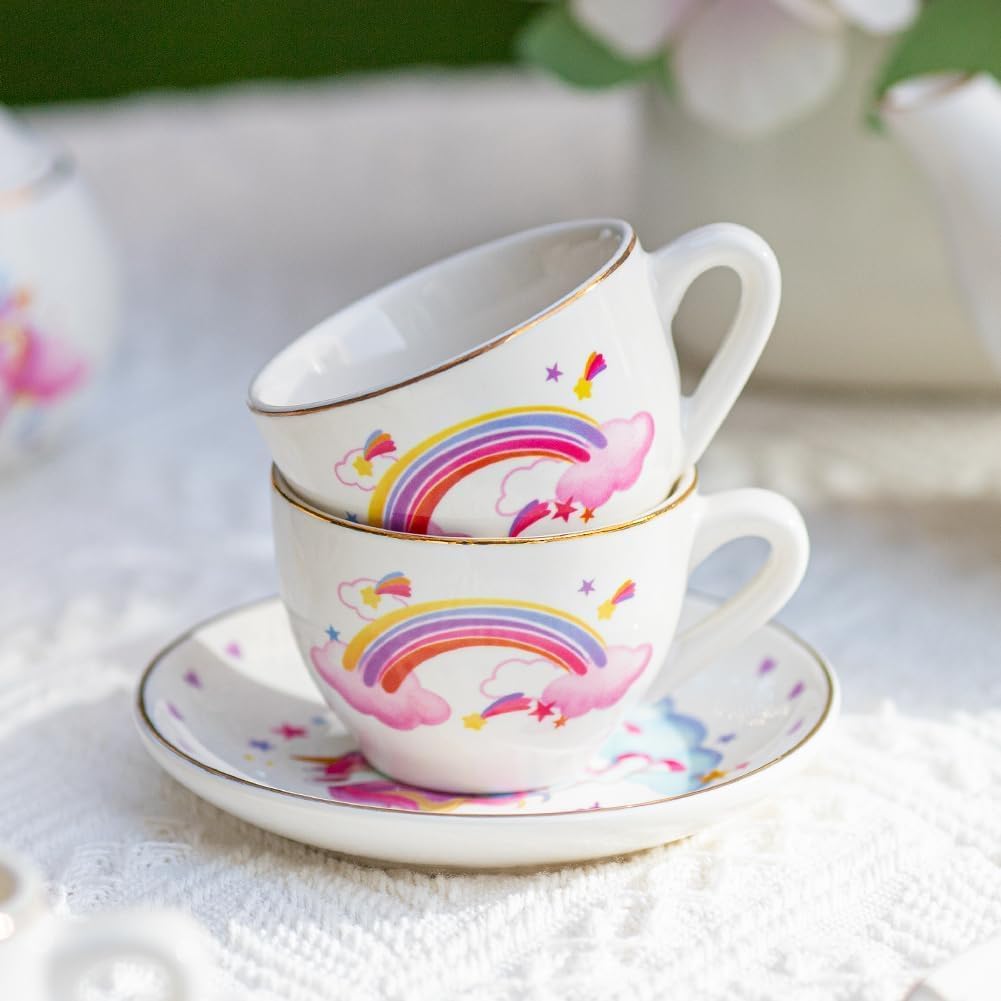 TUZT Juego de fiesta de té de porcelana para niñas pequeñas, juego de té de unicornio de 13 piezas, tetera, taza, platillo y maleta, juego de cocina de juguetes de simulación, regalo de cumpleaños de