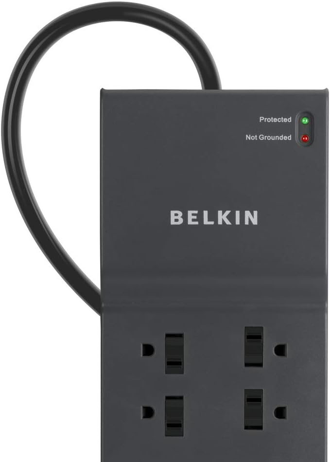 Belkin - Regleta de protección contra sobretensiones, 8 tomas de corriente alterna múltiple con cable de extensión de 12 pies, extensor de salida con certificación UL con plano para el hogar, oficina