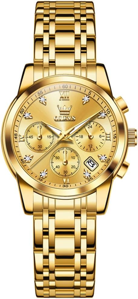 OLEVS Relojes para mujeres de negocios, con diamante, pulsera de acero inoxidable, fecha, impermeable, tono bicolor para mujer