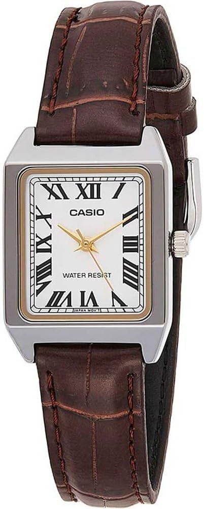 Casio LTP-V007L-7B2 Reloj de vestir rectangular para mujer con correa de cuero y esfera romana blanca