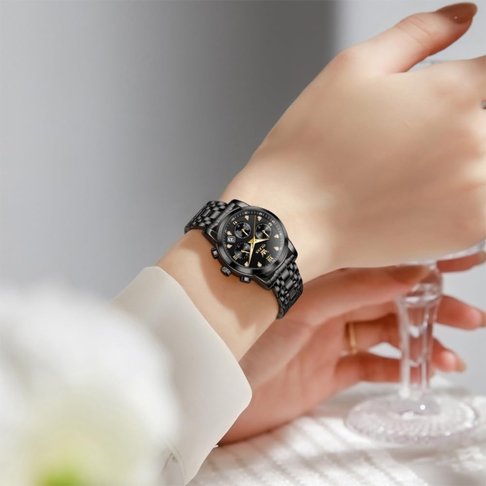 OLEVS Relojes para mujeres de negocios, con diamante, pulsera de acero inoxidable, fecha, impermeable, tono bicolor para mujer