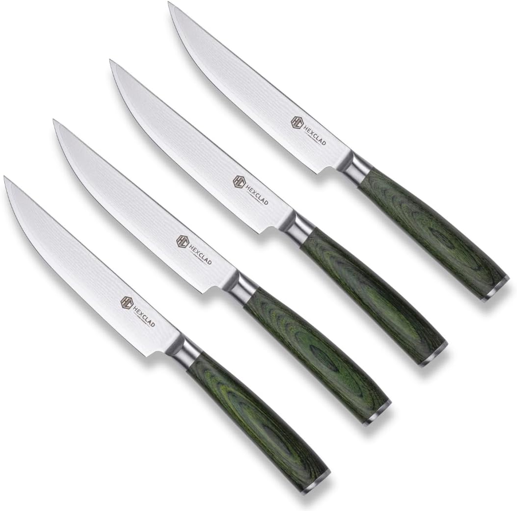 HexClad Juego de cuchillos para carne de acero Damasco de 4 piezas, espiga