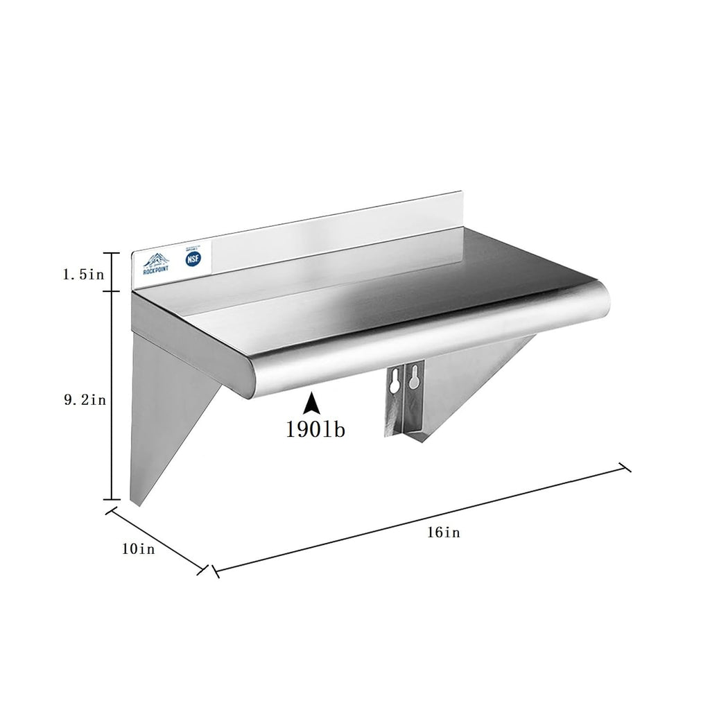 ROCKPOINT Estante de acero inoxidable de 10 x 16 pulgadas, 190 libras, estantes comerciales de metal NSF para montaje en pared, estantería flotante con protector contra salpicaduras para restaurante