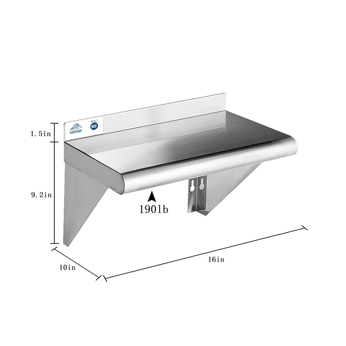 ROCKPOINT Estante de acero inoxidable de 10 x 16 pulgadas, 190 libras, estantes comerciales de metal NSF para montaje en pared, estantería flotante con protector contra salpicaduras para restaurante
