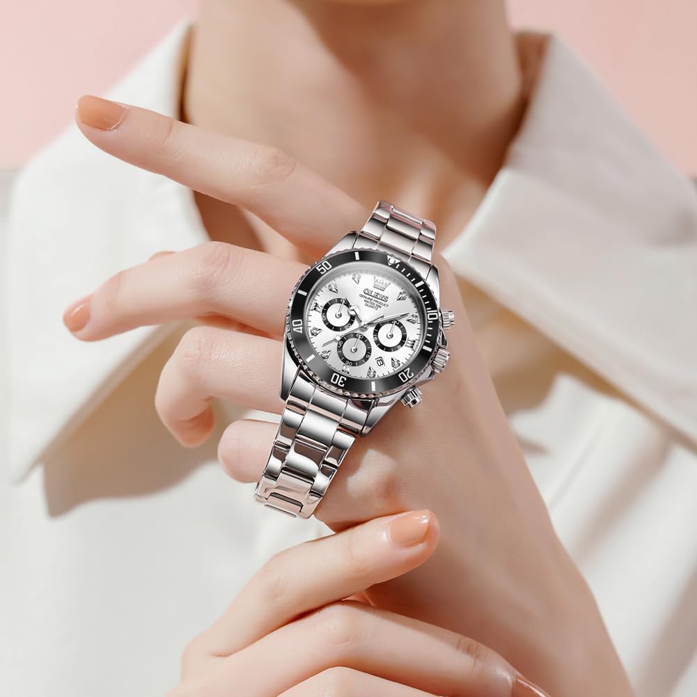OLEVS Mujer Relojes Analógicos de Diamante de Cuarzo con Correa de Acero Inoxidable y Cronógrafo