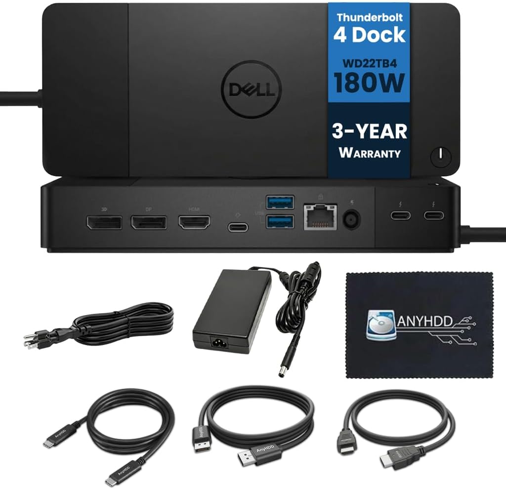 WD22TB4 Thunderbolt 4 Dock Bundle – 40Gbps USB-C/USB A, 1 año de garantía con adaptador de 180 W, Anyhdd HDMI, DP, cable USB-C y tela – Estación de acoplamiento