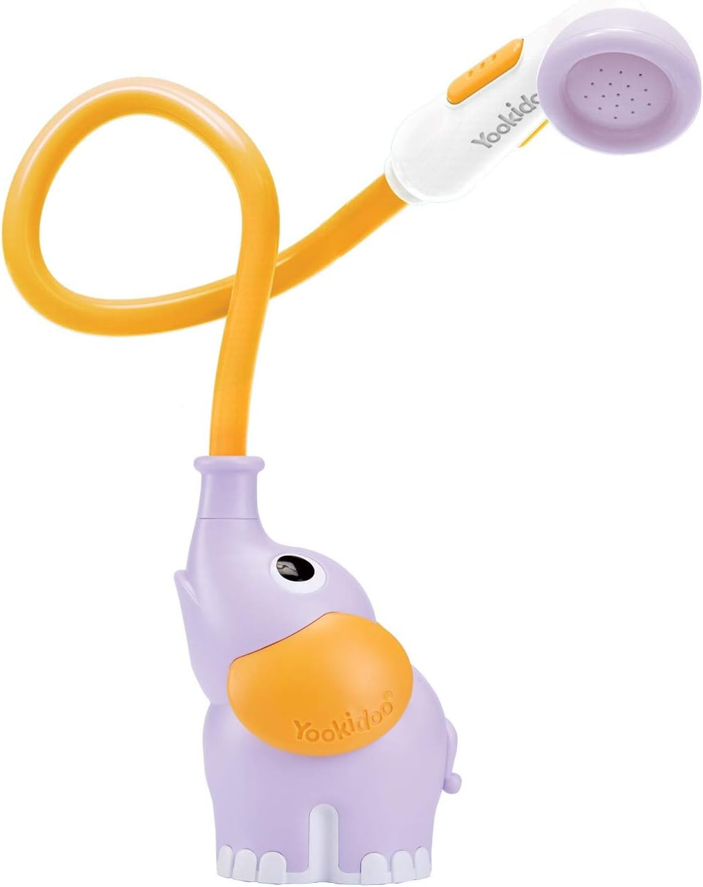Yookidoo Cabezal de ducha para bebé, bomba de agua de elefante y rociador de boquilla para tronco, control de flujo con una sola mano para bebés recién nacidos en bañera o fregadero (morado)
