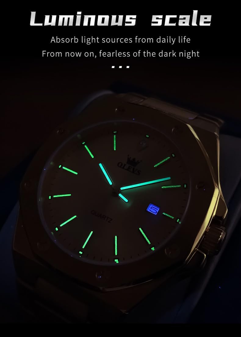 OLEVS Reloj para hombre Big Face Acero inoxidable Impermeable Luminoso Diamante