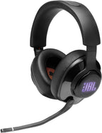 JBL Quantum 400 - Auriculares para juegos con cable sobre la oreja con dial de equilibrio de chat, JBL QuantumSURROUND y DTS, micrófono direccional de enfoque de voz y almohadillas de espuma