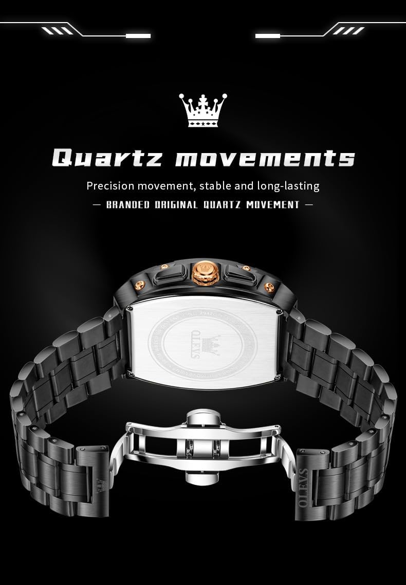 OLEVS Reloj para Hombres Analógico Cuarzo Lujo Diamante Resistente al Agua Cronógrafo Acero Inoxidable Carita Grande Cuadrado Fecha Fase Lunar Romano Relojes de Vestir para Hombres