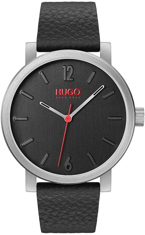 HUGO #RASE Reloj de cuarzo para hombre – Esfera negra con caja de acero inoxidable y correa de cuero – Reloj casual y moderno