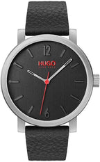HUGO #RASE Reloj de cuarzo para hombre – Esfera negra con caja de acero inoxidable y correa de cuero – Reloj casual y moderno