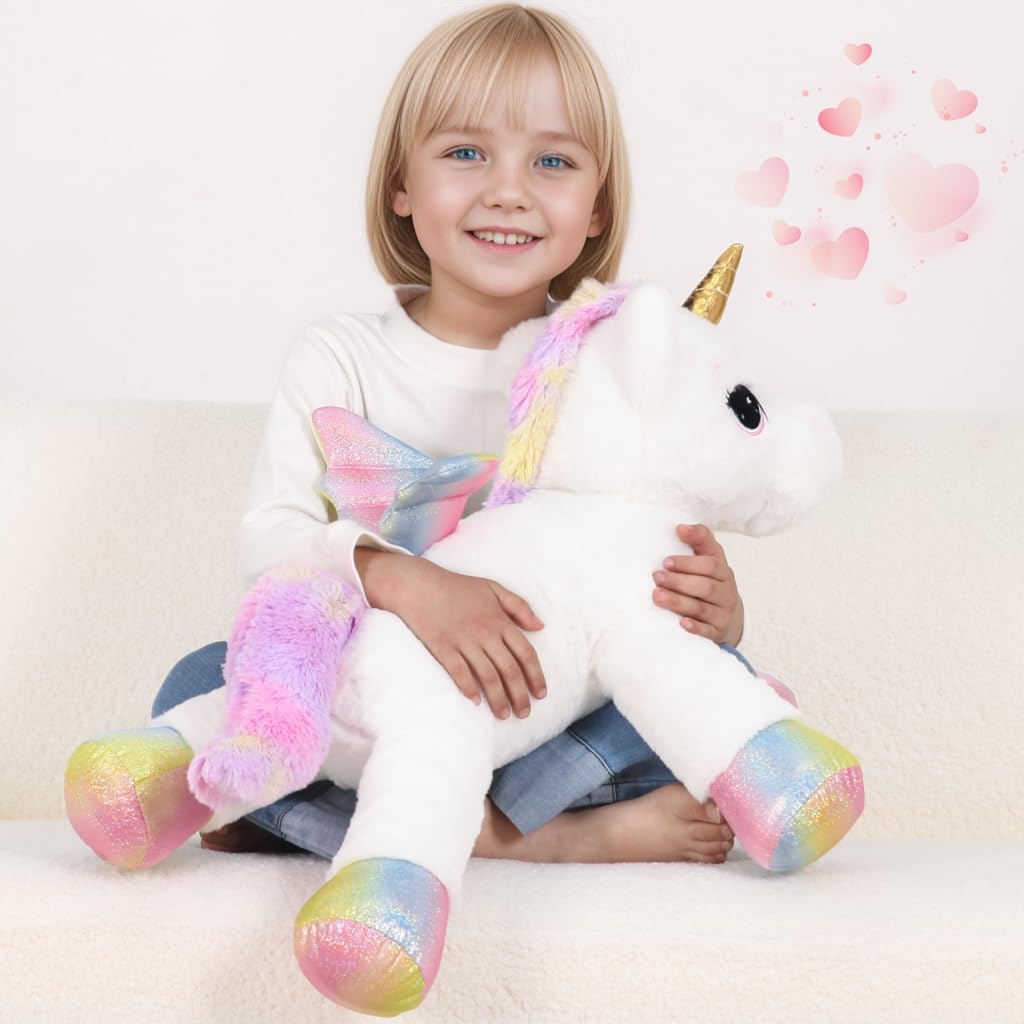 Almohada de Juguete de Peluche de Unicornio Grande de 24 Pulgadas, Lindo Unicornio Gigante Suave con Alas de Arcoíris Muñeca Grande, Regalo para Niños, Niñas, Chicos, San Valentín, Cumpleaños