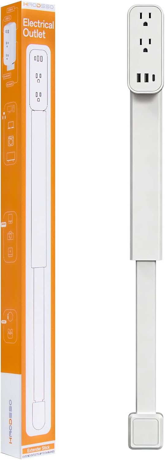 Extensor de tomacorriente: cuenta con USB-A, USB-C y 2 salidas de CA, se extiende de 17.5 a 29.1 pulgadas, gira 360° de acceso de difícil acceso, enchufes de pared, mesas de noche, sofás, escritorios