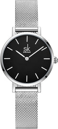 Shengke SK Ultra delgado minimalista Relojes para mujer de dos agujas Reloj de vestir de cuero para damas