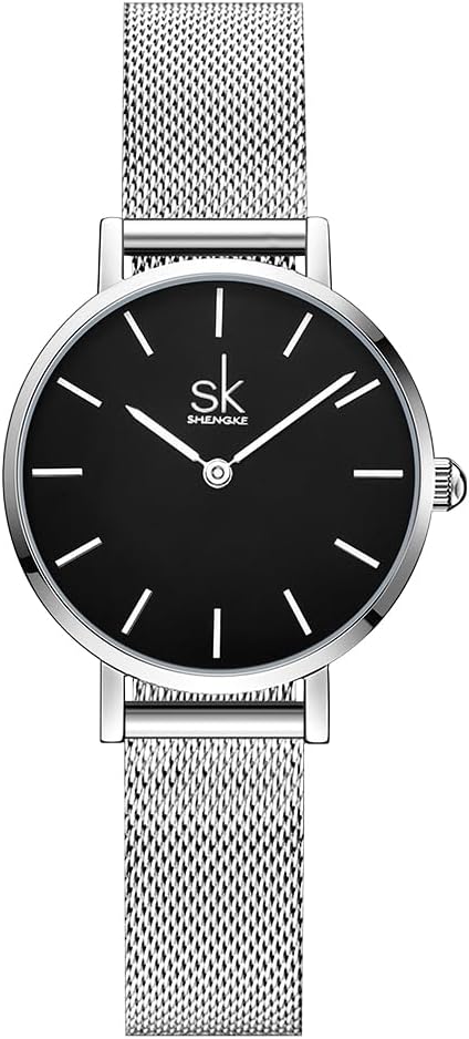Shengke SK Ultra delgado minimalista Relojes para mujer de dos agujas Reloj de vestir de cuero para damas