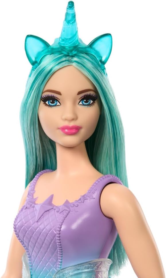 Barbie Muñeca de unicornio con pelo de fantasía turquesa, atuendo p...