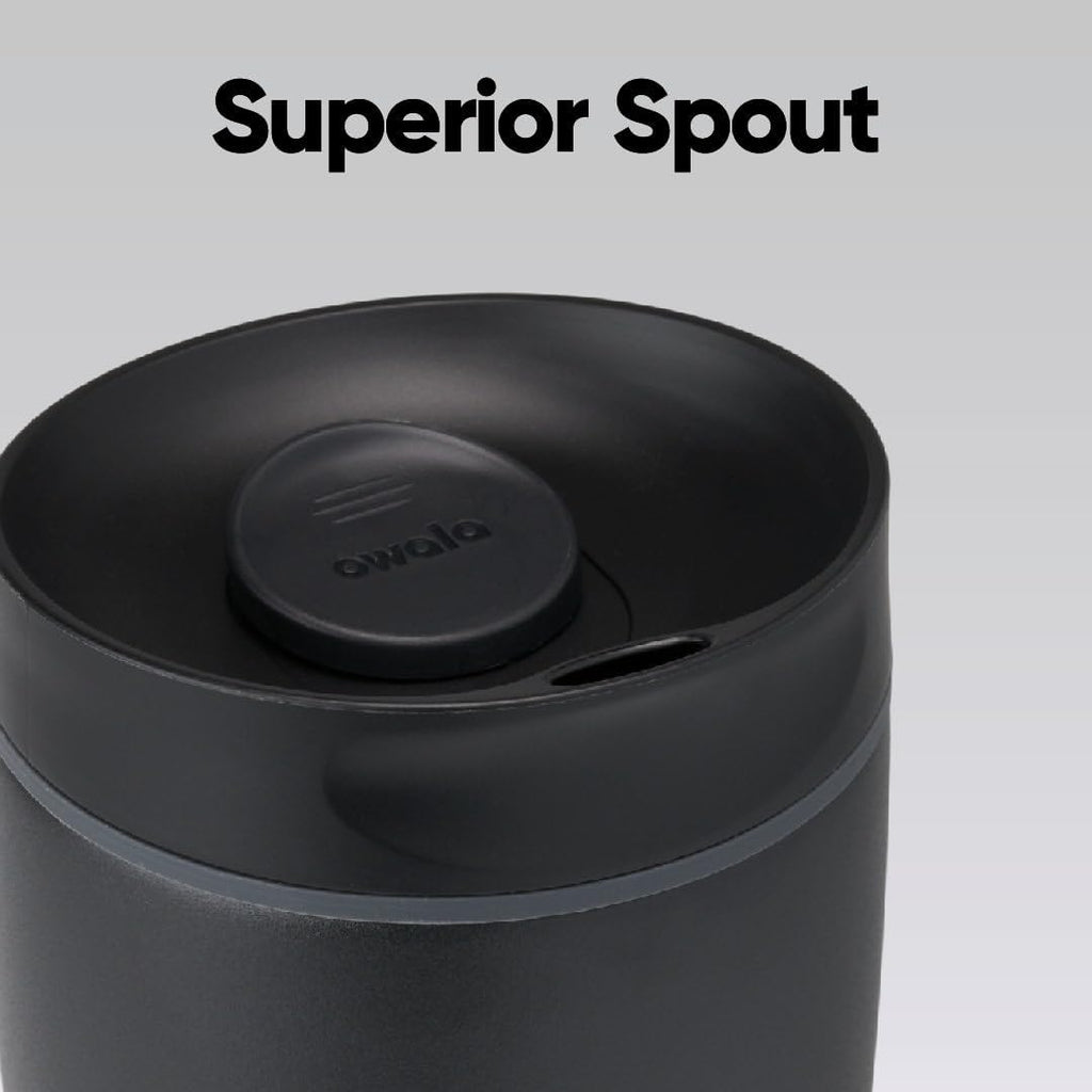 Owala SmoothSip Slider - Vaso de café de acero inoxidable con aislamiento de cerámica, sin sabor metálico, reutilizable, taza de café helado caliente, libre de BPA, 12 onzas, muy, muy oscuro