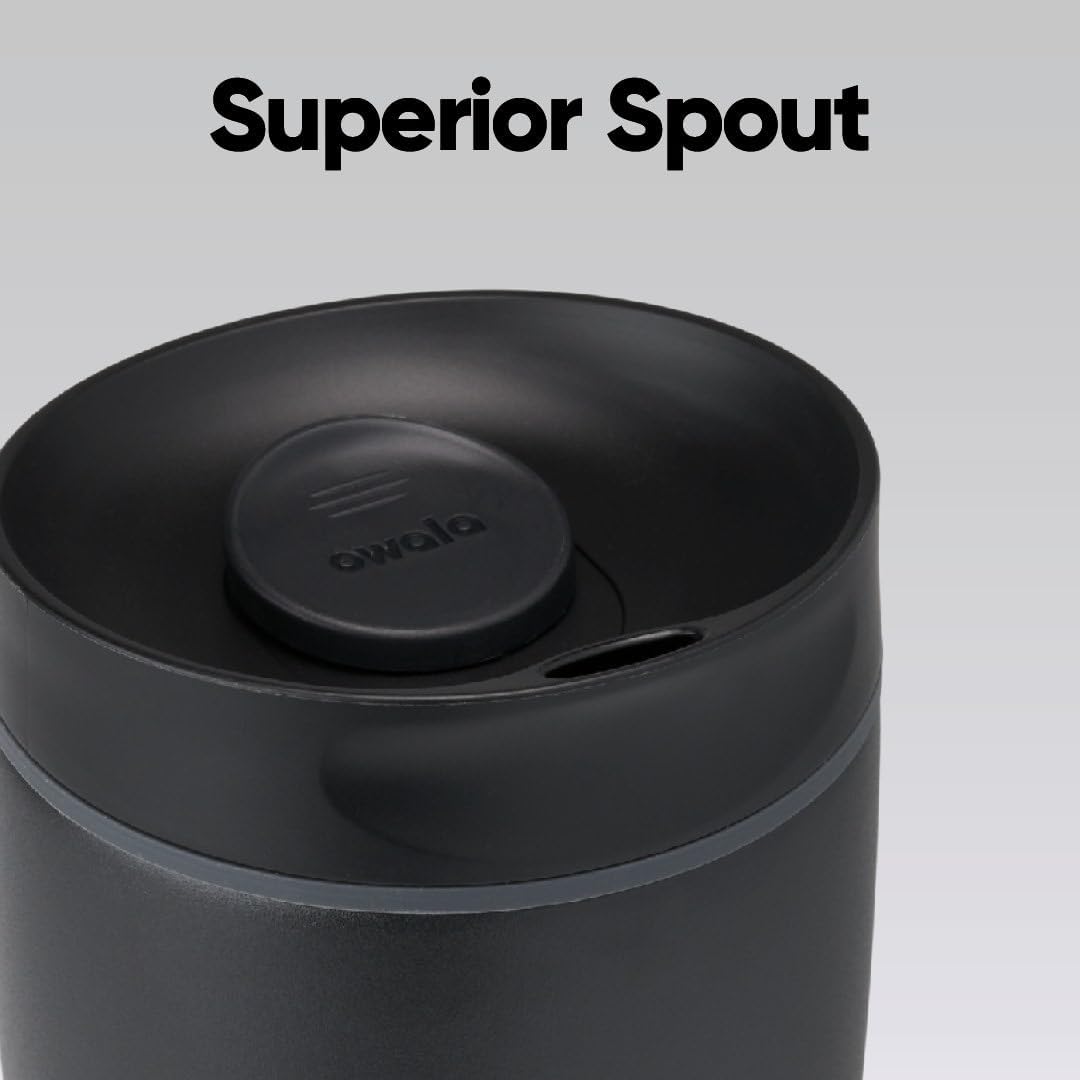 Owala SmoothSip Slider - Vaso de café de acero inoxidable con aislamiento de cerámica, sin sabor metálico, reutilizable, taza de café helado caliente, libre de BPA, 12 onzas, muy, muy oscuro