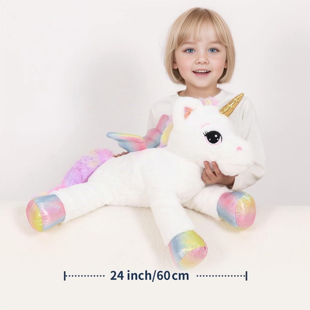 Almohada de Juguete de Peluche de Unicornio Grande de 24 Pulgadas, Lindo Unicornio Gigante Suave con Alas de Arcoíris Muñeca Grande, Regalo para Niños, Niñas, Chicos, San Valentín, Cumpleaños