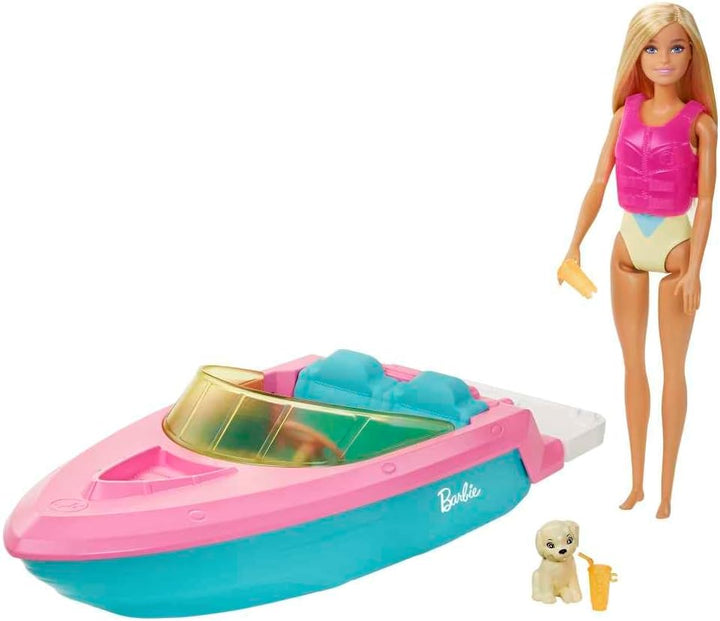 Muñeca Barbie y juego de barco con cachorro, chaleco salvavidas y a...