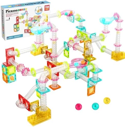PicassoTiles - Juego de 100 piezas de bloques de construcción magnéticos para carreras de mármol, tamaño de viaje, mini baldosas imán, juego de mármoles, juego de construcción para pista de carreras