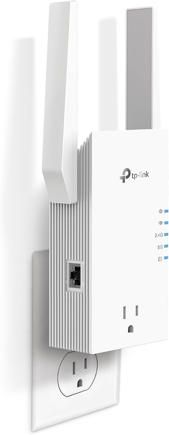 TP-Link RE765X AX3000 Extensor de alcance WiFi 6 con enchufe inteligente integrado de paso directo | Repetidor inalámbrico de doble banda con puerto Ethernet | Hasta 2400 pies cuadrados, 64