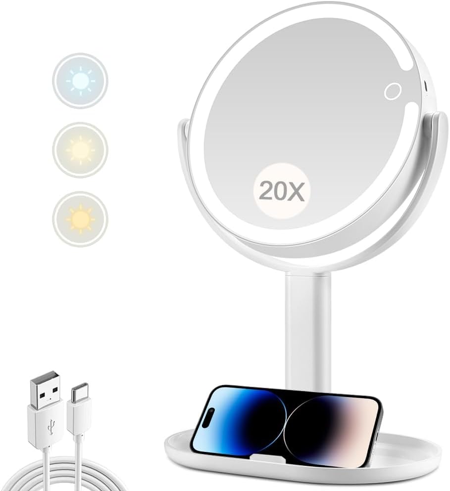 MIYADIVA Espejo de maquillaje con luces, espejo de aumento 20X con luz e interruptor táctil, espejo de tocador con luz de 3 colores y 80 LED, espejo con aumento iluminado de 2 lados de 8.8 pulgadas