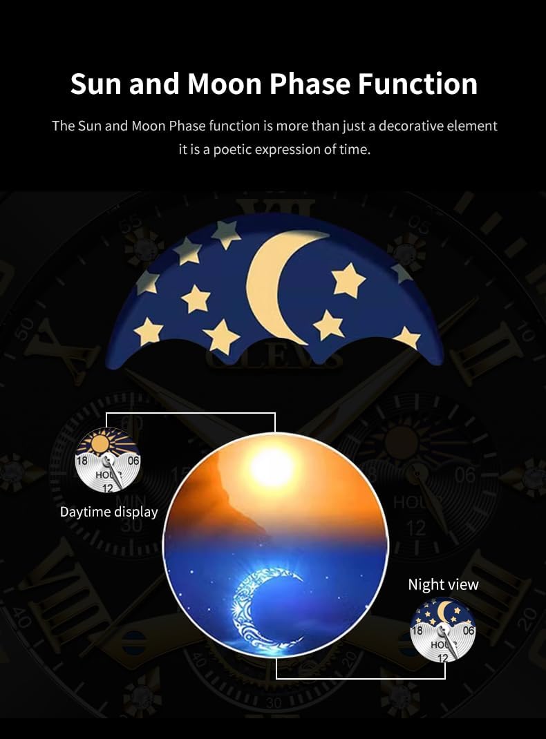 OLEVS Reloj de caballero Cronógrafo de lujo con fases de la luna, dos tonos, acero inoxidable, a prueba de agua, luminiscente, calendario empresarial, reloj de pulsera