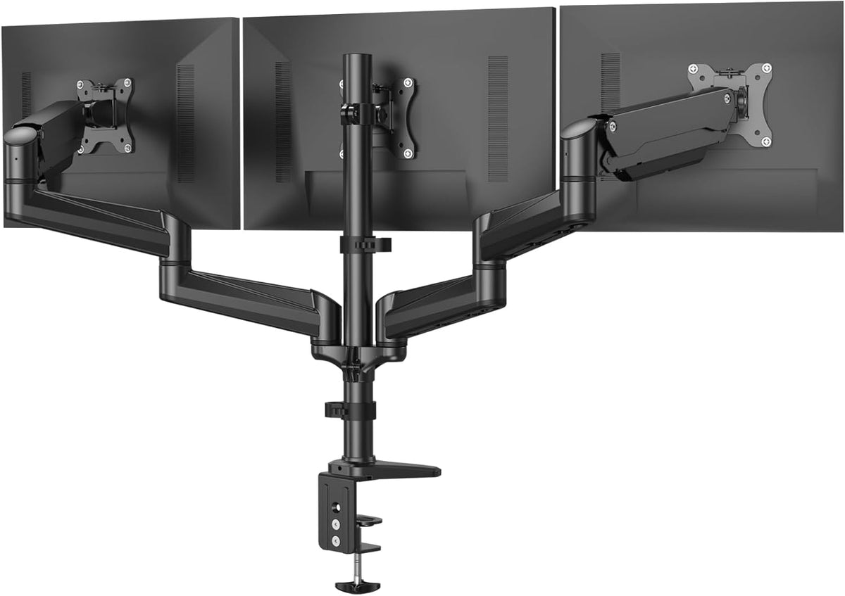 HUANUO Soporte de monitor triple para pantallas de 17 a 32 pulgadas, soporte de monitor triple para juegos de ajuste con kit giratorio, inclinación, rotación, abrazadera y ojal
