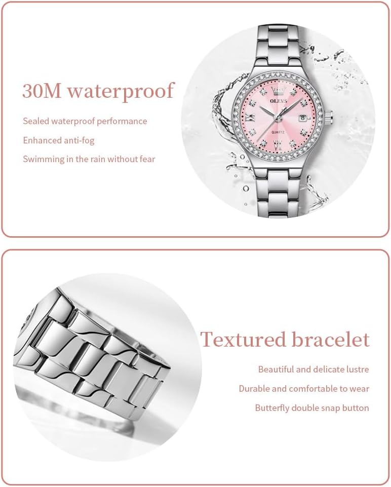 OLEVS Reloj para Mujer Plateado de Acero Inoxidable Elegante Analógico Lúmenes Visibles