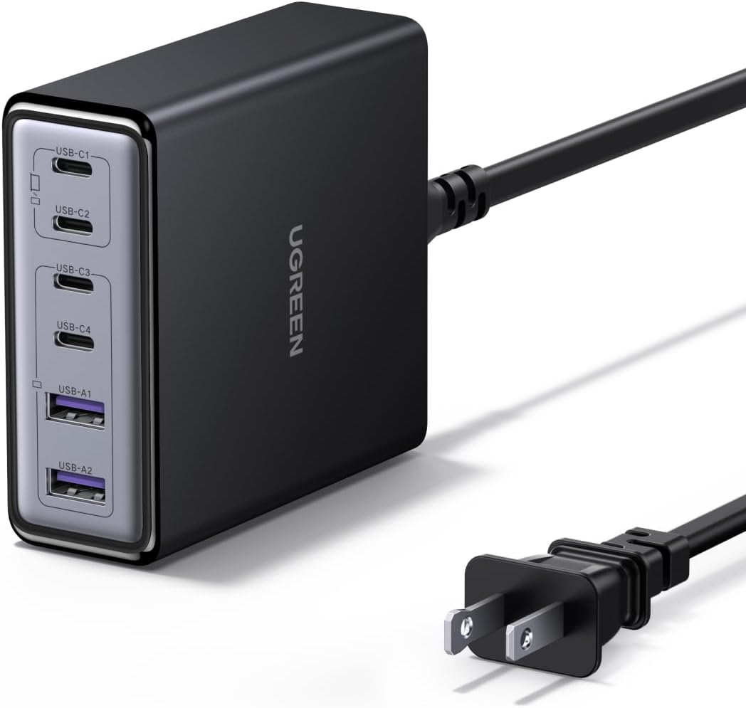 UGREEN Estación de carga USB C de 100 W, cargador de escritorio GaN de 6 puertos con 4 USB-C y 2 USB-A, distribución inteligente de energía para MacBook Pro/Air, Dell XPS, iPad, iPhone 17/16/15