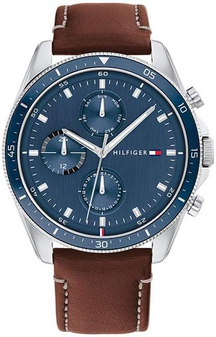 Tommy Hilfiger Reloj casual Qtz Multifunción de Acero Inoxidable y Correa de Cuero para Hombre, Color: Azul (Modelo: 1791839)