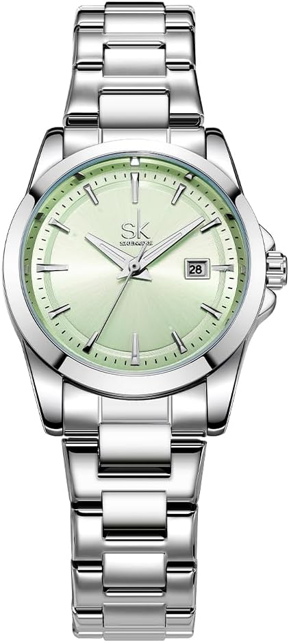 SHENGKE Relojes de cuarzo minimalistas para mujeres con fecha, pulsera de acero inoxidable y esfera de color elegante